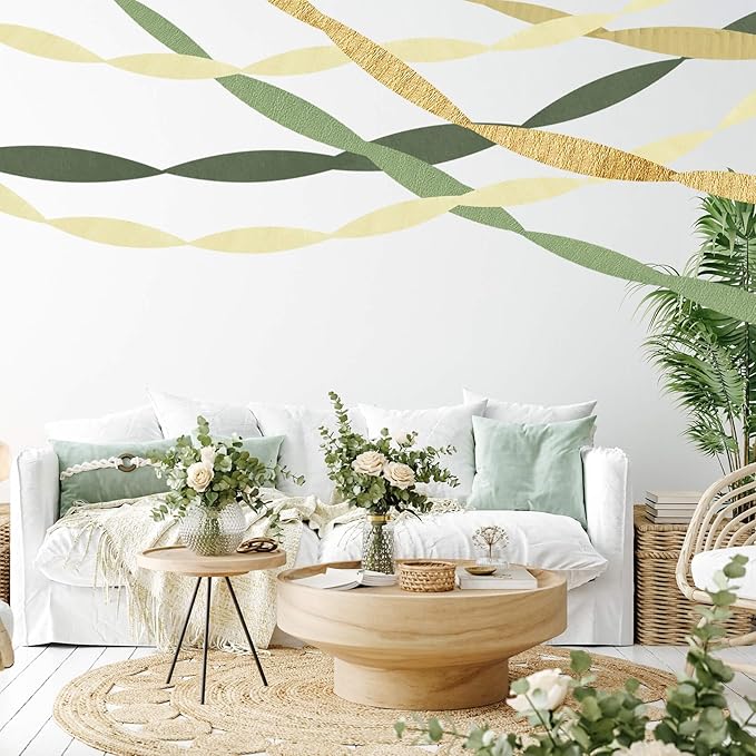Birthday Baby Shower Decorations, Sage Green Gold Crepe Paper Streamers Party Decorations(5 Rolls) for Camp Bachelorette, Bridal Shower,Engagement Woodland Safari Boho Party Decor Women Adults