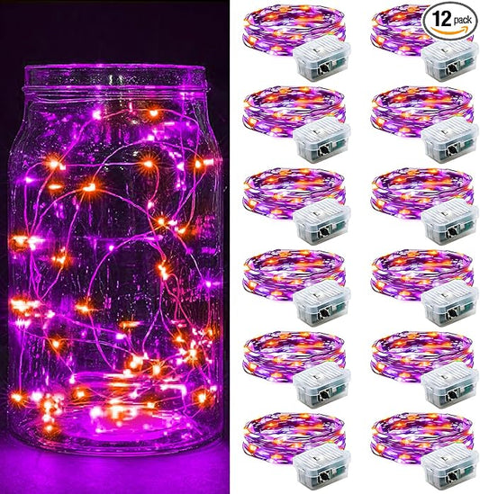 12 Pack Fairy Lights 7Ft 20 LED Twinkle String Lights Battery Operated Waterproof Firefly Starry for Mason Jar Party Wedding Christmas Valentines Day,Orange&Purple