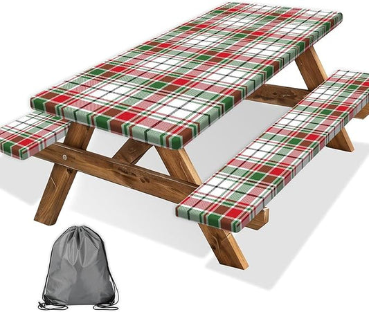 Red Green White Plaid Picnic Table Cover with Bench Covers and Bag, Camping Essentials, Water Resistant Windproof, Fitted Tablecloth Cover with Elastic Edge, for Indoor & Outdoor 3 PCS, 30x96 Inch