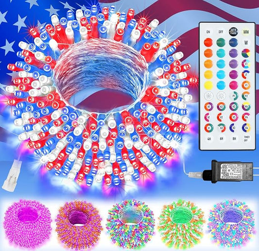 Pooqla Color Changing Christmas String Lights with Remote, 35 Colors 66FT 200LED String Lights Outdoor Patriotic Decoration, Indoor Connectable 4th of July Lights Plug in for Memorial Day Decoration