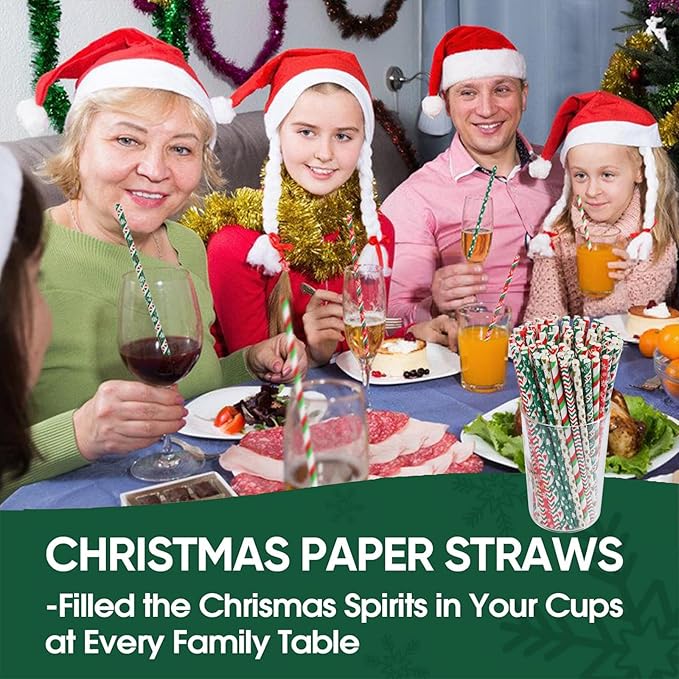 Haundry 100 Christmas Paper Straws, 8 Styles Red Green White Gold Biodegradable Party Drinking Straws with Stripe, Wave, Christmas Tree Snowflake Design Decorations Supplies (color-100)