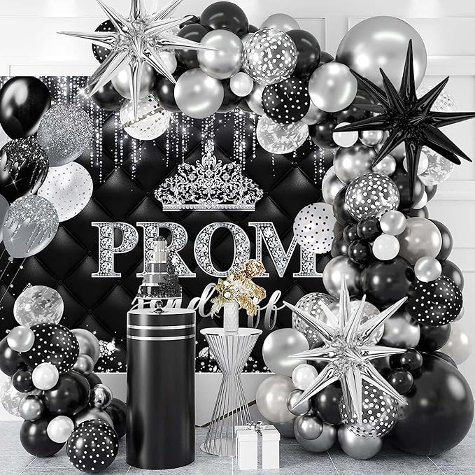 Mocsicka Prom Send Off 2026 Backdrop Crown Graduation Prom Night Party Decorations Banner Silver Black Send Off Photography ackground Photo Booth Supplies (Silver, 7x5ft(82''x60''))