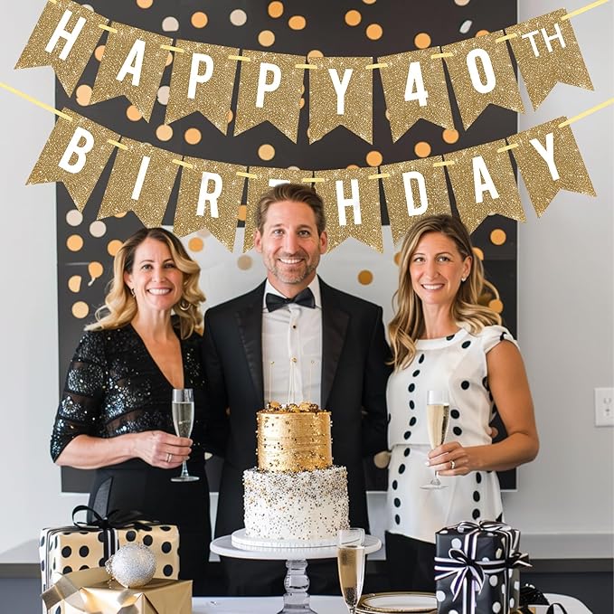 Netnology Pre-Strung Gold Happy 40th Birthday Banner Decorations,12 ft No DIY Gold Glitter 40th Birthday Party Banner Sign Decor for Women Men Girl Boy Party Supplies