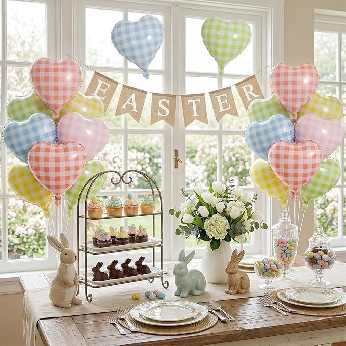 Pastel Checkered Heart Balloons, 18Inch Light Pink Blue Yellow Green Red Rainbow Plaid Heart Shape Foil Balloon, 10Pcs Colorful Grid Helium Balloon for Birthday Retro Y2K Easter Goose Theme Party