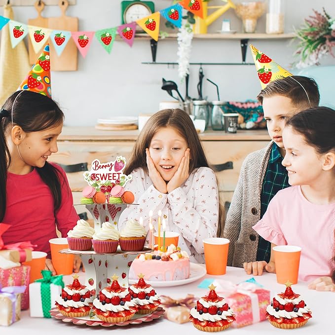 Haooryx Strawberry Cupcake Stand - 3 Tier Berry Sweet Red Plaid Cupcake Tower Cardboard Dessert Holder Pastry Platter for Baby Shower Girls Birthday Spring Summer Holiday Party Table Decoration Supply