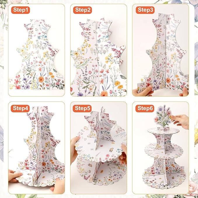 Wildflower Cupcake Stand, Cake Stand Wildflower Party Decorations 3 Tier Flower Cupcake Holder, Flower Birthday Decorations Dessert Table Display Set Wedding Cake Stands