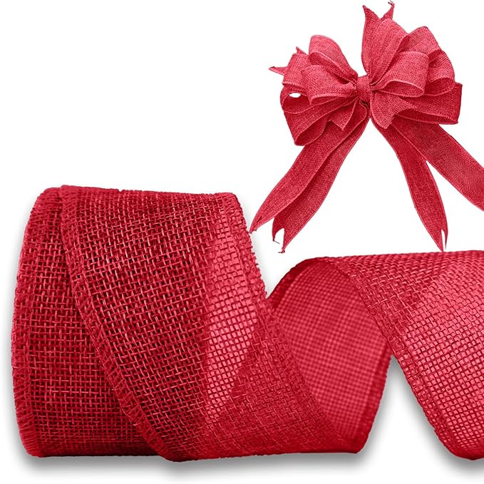 Red Burlap Ribbon 2 inch X 10 Yard Natural Burlap Woven Ribbons DIY Handmade Edging Production Wreath Holiday Decoration Gift Ribbon for Gift Wrapping Jute Linen Red Ribbons