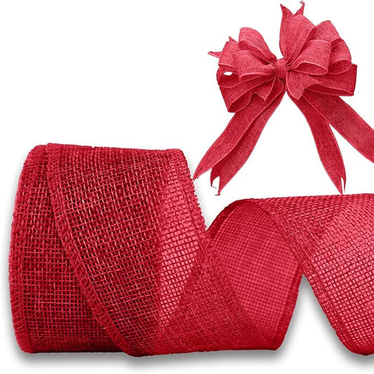 Red Burlap Ribbon 2 inch X 10 Yard Natural Burlap Woven Ribbons DIY Handmade Edging Production Wreath Holiday Decoration Gift Ribbon for Gift Wrapping Jute Linen Red Ribbons