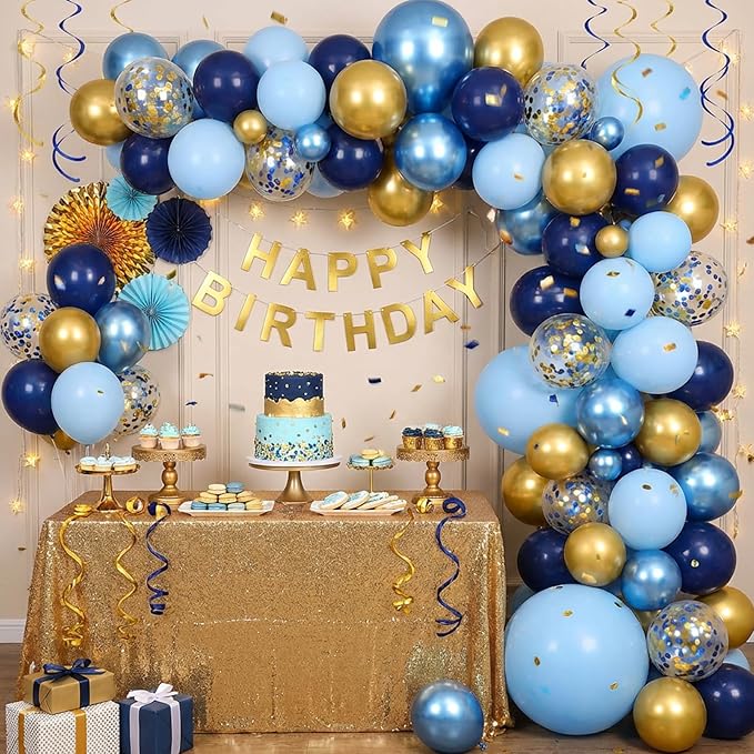 RUBFAC Navy Blue Gold Balloon, Party Balloons Pastel Blue Metallic Confetti for Birthday Wedding Bridal Baby Shower Graduation Party Supplies, 65pcs 12 Inches