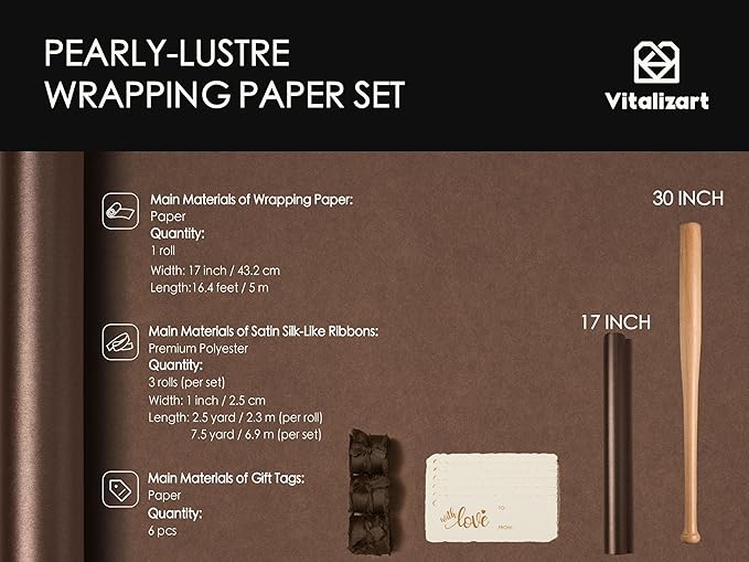 Vitalizart Brown Wrapping Paper Set 17" Pearly-Lustre With Silk Like Satin Ribbon & Gift Tags Recyclable Christmas Gift Wrapping Birthday Baby Shower Wedding Handmade Crafts 197"(16.4 Ft)