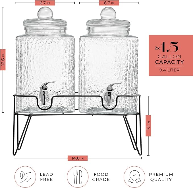 Style Setter Premium Glass Drink Dispensers with Metal Stand for Parties – Beverage Dispenser Set for Cold Drinks, Lemonade, Cocktails, Juice – Party Glass Drink Dispenser Station - 1.5 Gal, Set of 2