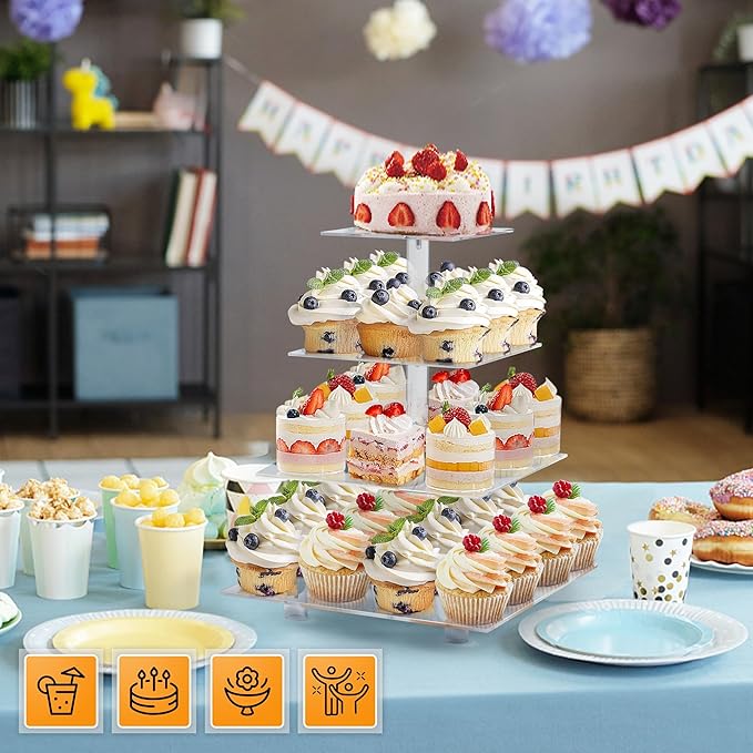 Cupcake Stand, 4 Tier Cupcake Stand for 50 Cupcakes, Square Tiered Cupcake Tower, Clear Acrylic Cupcake Holder, Dessert Stands for Party, Wedding, Birthday, Baby Shower, Halloween