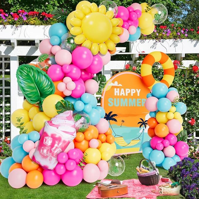 DBKL Tropical Balloon Arch Garland Kit, Luau Hawaiian Party Decorations, Rose Orange Yellow Blue Green Palm Leaves Balloons for Tropical Hawaiian Summer Birthday Pool Party Supplies
