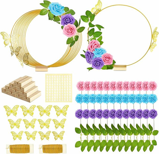 Vercraft 12 Set Butterfly Metal Floral Hoop Table Centerpieces, Metal Ring with 3D Butterfly Decor, PE Foam Flower, Adhesive Dot, Gold Wires for DIY Wedding Party(Blue, Purple, Pink,Round)