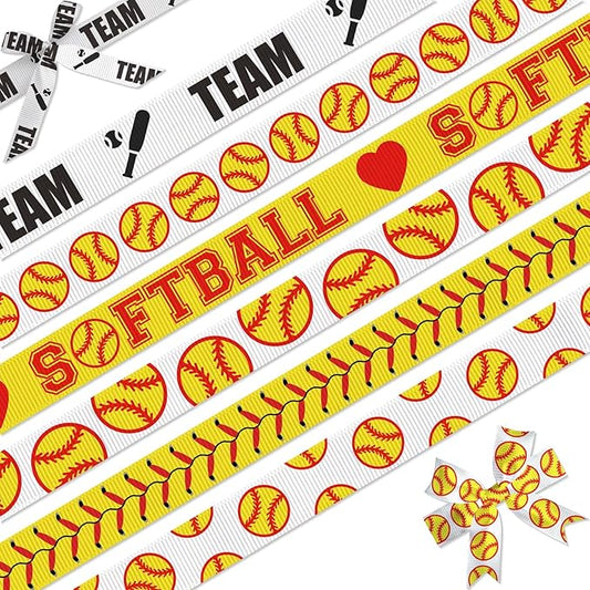 Softball Ribbon, 6 Pack (5/8 Inch x 3 Yards Each), Grosgrain Sport Ball Ribbon for Hair Bows, Team Banners, Crafts, DIY Headbands, Gifts
