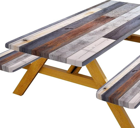 Picnic Table Cover with Bench Covers Rustic Farmhouse Waterproof Windproof Fitted Outdoor Patio Camping Rectangle Tablecloth 60x30 Inch Elastic Edges