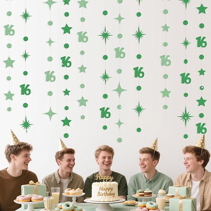 Green 16th Birthday Decorations Number 16 Circle Dot Star Garland Glitter Streamer Banner Backdrop for Girls Boys Sweet Sixteen Cheers to 16 Years Old Birthday 16th Anniversary Party Supplies