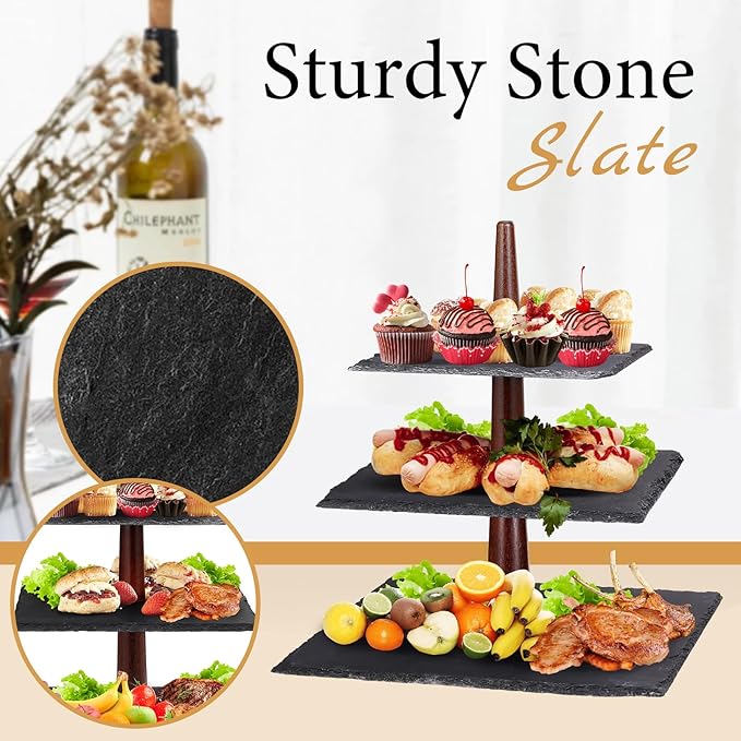 3 Tier Serving Tray 3 Tier Cupcake Stand Cupcake Stand Modern and Rustic Dessert Table Display,Slate & Acacia Wood Tiered Tray Serving Food Fruit Tray for Wedding Birthday Baby Shower