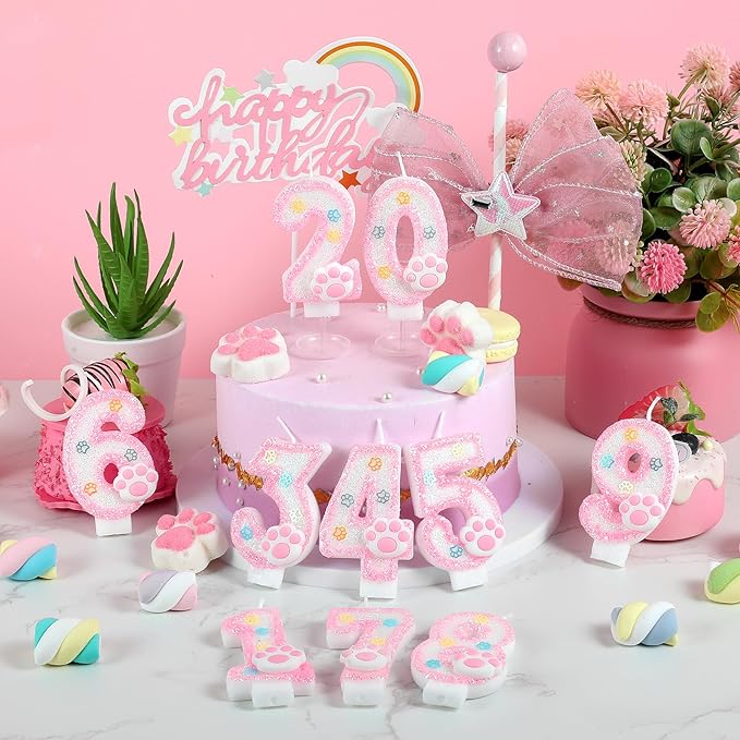 AKURIEEY Dog and Cat 7th Birthday Candle Pink Numbers 7 Candle Paw Cake Topper Cupcake Decorations for Pet Theme Party Decor Anniversary Celebrations Supplies