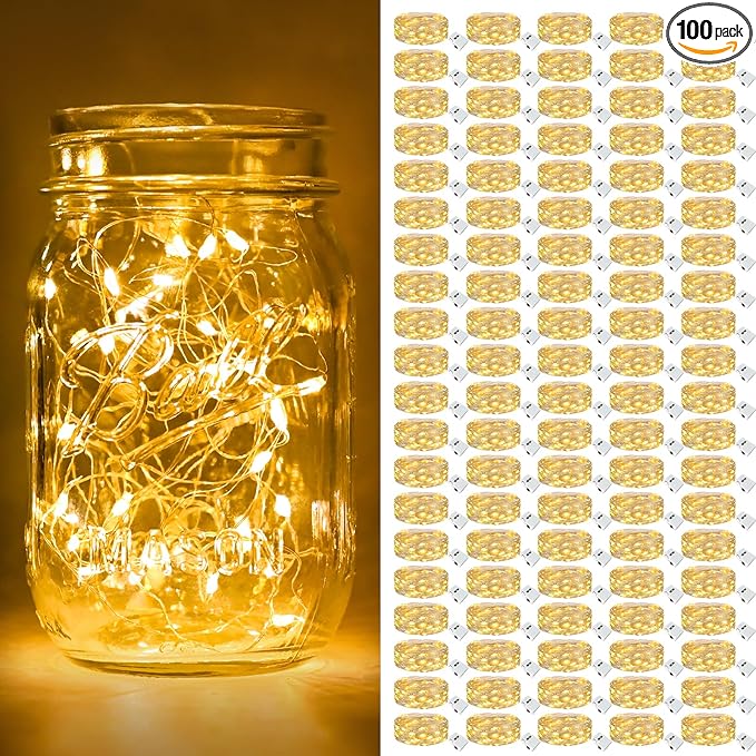 btfarm 100 Pack Fairy Lights Battery Operated [3 Modes], 7ft 20 Led Twinkle Lights String Lights Waterproof Bulk Small Mini Silver Wire for Christmas Mason Jars Wedding Table Centerpiece, Warm White