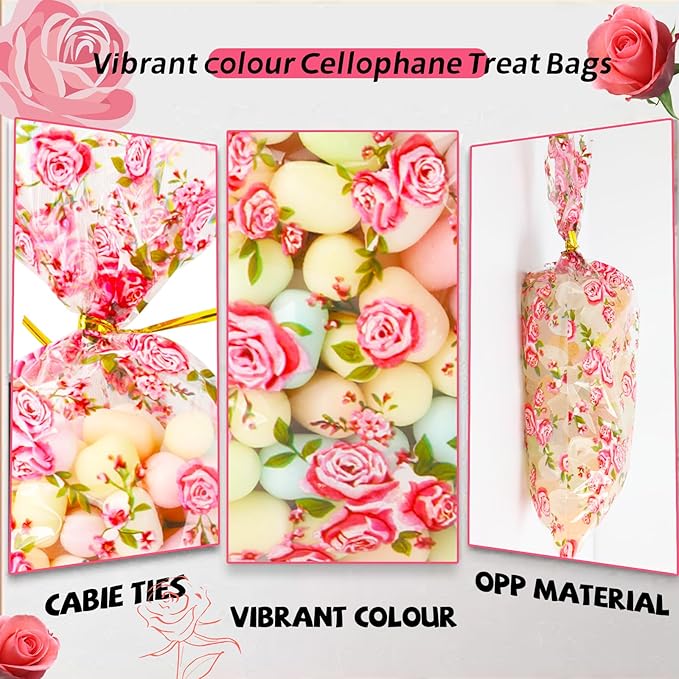 LEOSINDA 100 Pcs Floral Cellophane Bags, 5 X 11 Inches Valentine's Day Gift Bag, for Mothers Day Gift Wrapping, Wedding Bridal Shower Supplies Favors Decorations Birthday Theme Floral Graduation Decor (with 100 Ties)