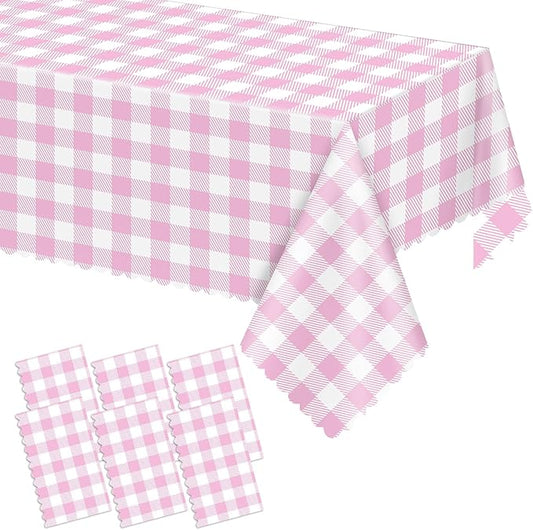 6 Pack Pink and White Checkered Tablecloth, 54 X 108Inch Plastic Red Gingham Table Cloth Waterproof Red Checkered Table Cover for Easter Mother's Day Wedding Birthday Anniversay Baby Bridal Shower