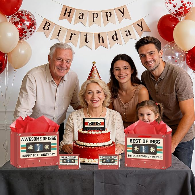 60th Birthday Gift Bag for Men Women Retro Tape 1966 Birthday Party Favor Bags with Tissue Paper and Greeting Card Vintage Cassette 60 Years Old Gift Wrapping Bag Decorations for Mom Dad Friends Gifts