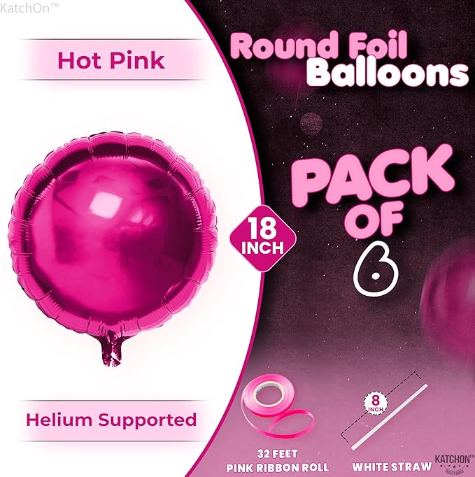 KatchOn, Big Hot Pink Round Balloon - 18 Inch Pack of 6 | Mylar 4D Balloons For Valentines Day Decorations | Pink Party Decoration | Metallic Balloons For Valentines Decor, Happy Birthday Decorations