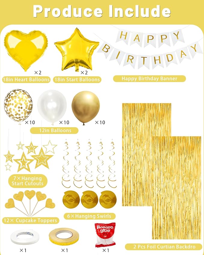 Lutoys Golden Happy Birthday Party Decorations, Happy Birthday Banner, Gold Foil Heart Star Confetti Balloons Curtain Backdrop Hanging Swirls Party Decor for Boys Men