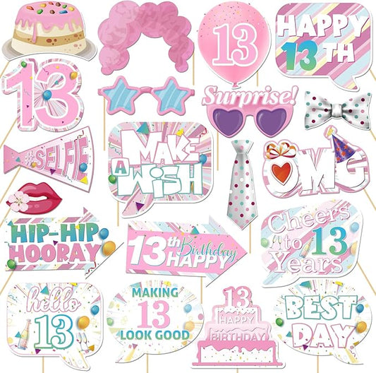 20 Pcs Girl 13th Birthday Photo Booth Props Kit, Pink Thirteen Birthday Party Selfie Decorations, Girl Teen's 13th Bday Party Photography Supplies