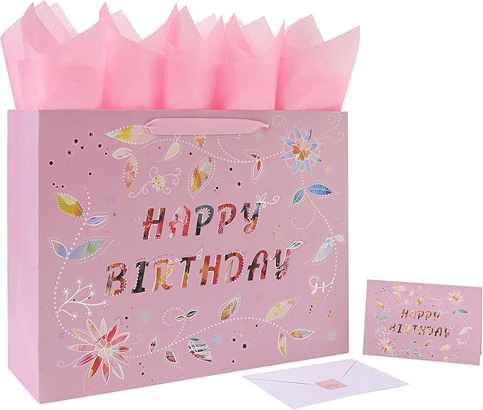 Qirrmiy 16.5” Extra Large Happy Birthday Gift Bag Set with Handles, Greeting Card, Tissue Papers and Stickers for Women Girls, Pink Floral Design, 1 Pcs