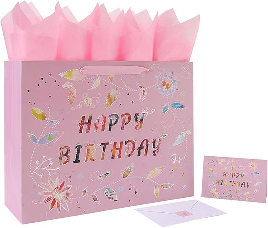 Qirrmiy 16.5” Extra Large Happy Birthday Gift Bag Set with Handles, Greeting Card, Tissue Papers and Stickers for Women Girls, Pink Floral Design, 1 Pcs