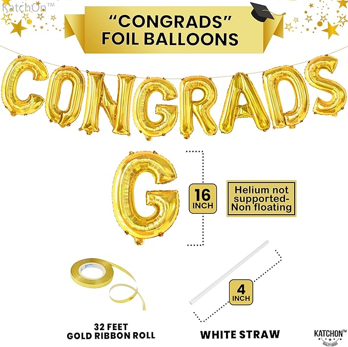 Graduation Decorations 2026 | Gold Congrats Balloons - 16 Inch | Foil Gold Congrats Balloons for 2026 Graduation Decorations | Graduation Balloons Banner | Congratulations Banner - KatchOn