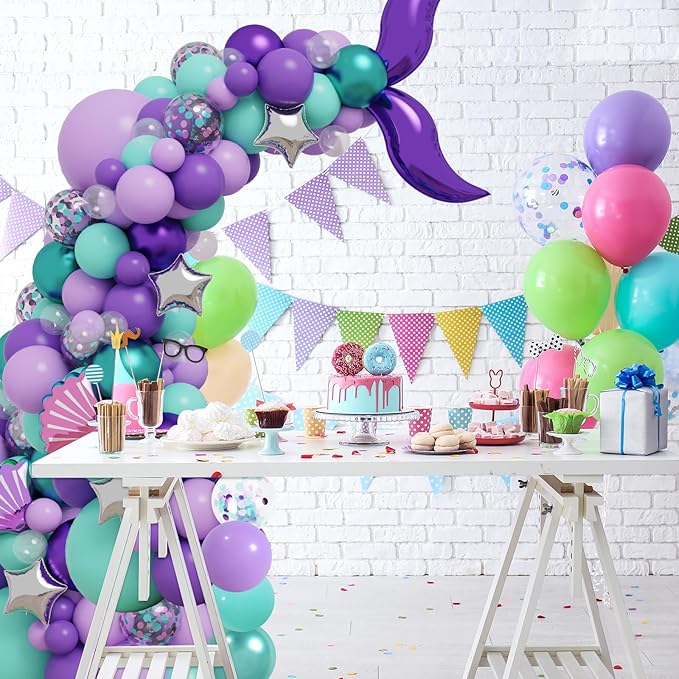 RUBFAC Purple Party Balloons, Purple and Teal Balloons, 65pcs Metallic Purple Green Blue Confetti Latex Balloons for Magic Birthday Party Decorations