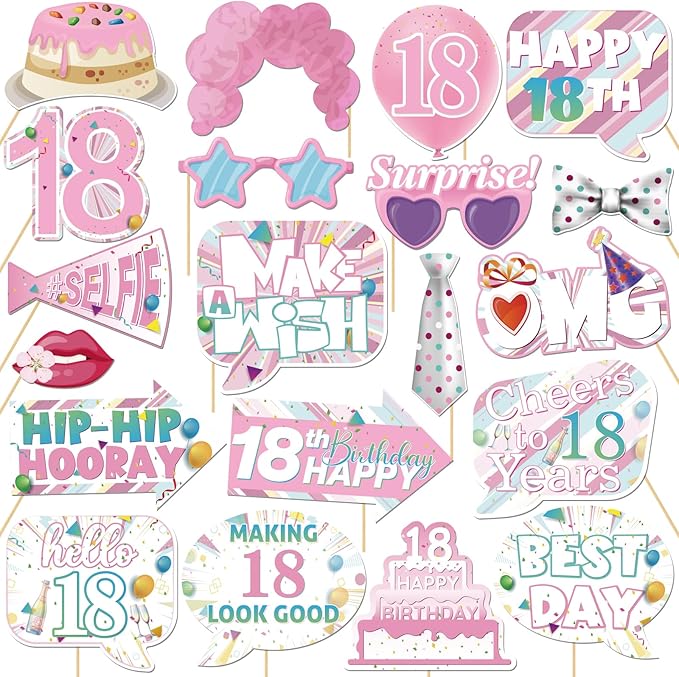 20 Pcs Girl 18th Birthday Photo Booth Props Kit, Pink Eighteen Birthday Party Selfie Decorations, Girl's 18th Bday Party Photography Supplies