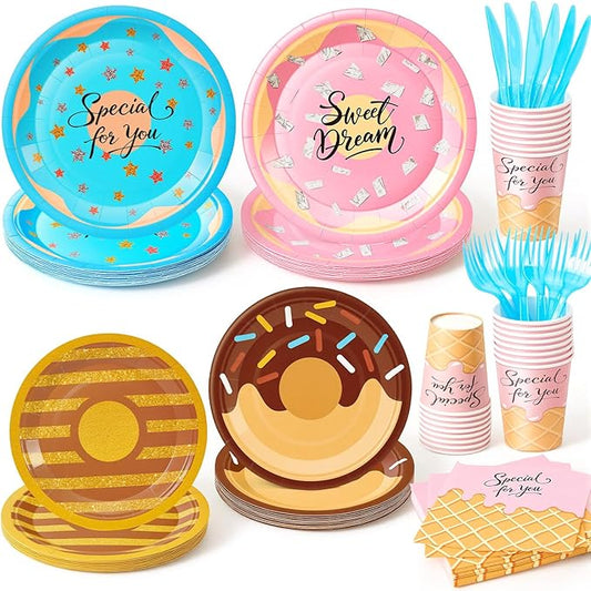 144Pcs Donut Sweet Birthday Party Supplies Decorations Girl Birthday Themed Paper Plates Napkins Vintage Party Tableware Disposable Dinnerware for Girl Kid Baby Shower Table Decor, Serve 24