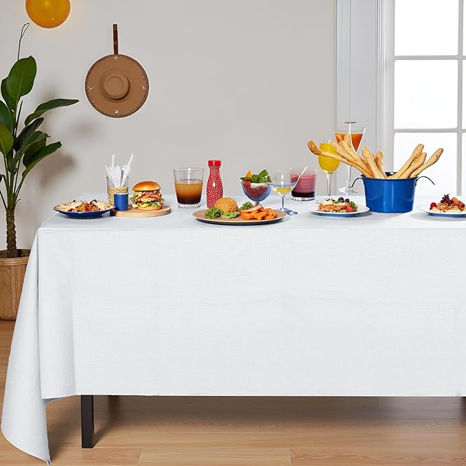 [6 Pack] White Paper Tablecloth Disposable for Rectangle Tables, 54 X 108 Inch Party Table Cover with Plastic Backing, Waterproof 3 Ply Table Cloth for Wedding Spring Easter Outdoor Picnic BBQ
