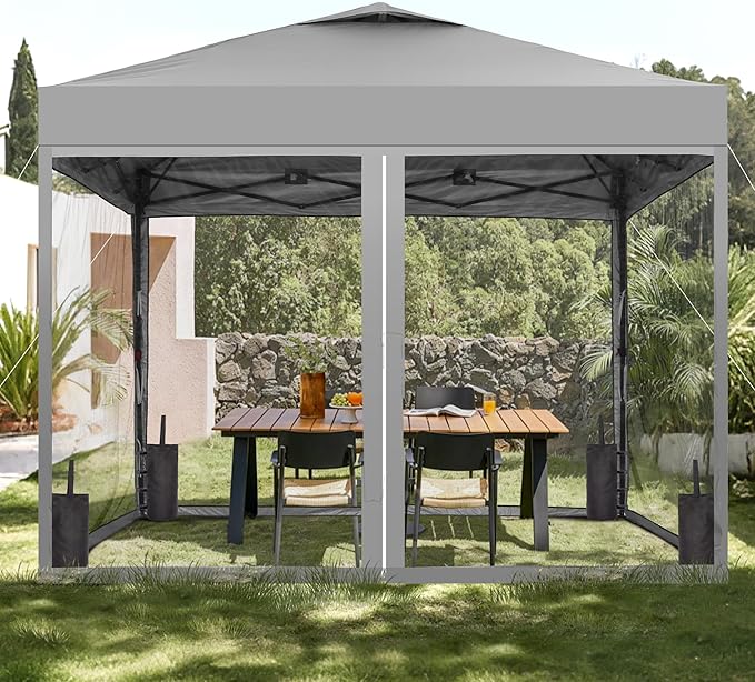 GDY 10x10 Pop up Canopy Tent with Mosquito Netting, Easy up Gazebo for Patio, Camping and Garden, Includes 4 Sandbags, Gray