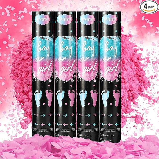 Gender Reveal Confetti Cannon, 4 Pack Biodegradable Confetti Paper with Cornstarch Powder, Confetti Blaster for Girl Gender Reveal, Party Poppers, Pink