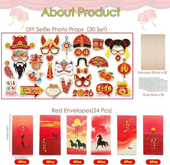 81 Pcs Chinese New Year Red Envelopes Set, Horse-Year Hong Bao Red Packets Party Banners Swirls Selfie Photo Booth Props for Festival Gifts, Chinese Decors Party Favors for Bithday Home Office