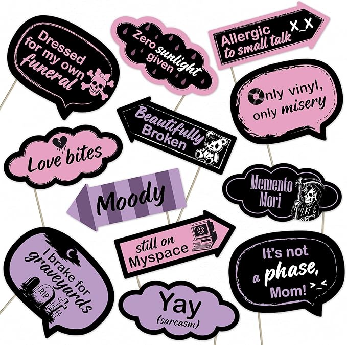 Emo Party Photo Booth Props – 12 Black and Pink Signs for Birthday, Concert, Halloween, and Emo Party Decorations