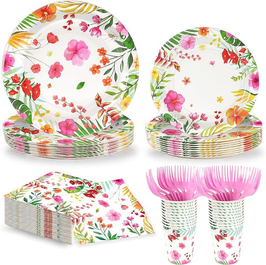 120 Pcs Tropical Luau Party Tableware Supplies, 9 Inch & 7 Inch Aloha Hawaiian Disposable Dinnerware Paper Plates with Napkins and Disposable Cups for Hawaiian Tropical Summer BBQs Birthday Supply