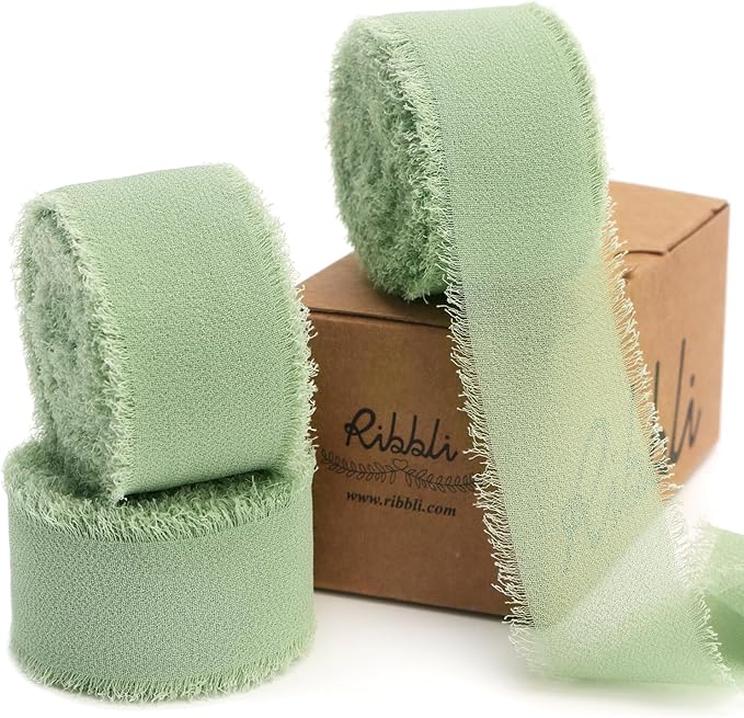 Ribbli Sage Green Ribbon 1 Inch x 3 Rolls Total 24 Yards Green Handmade Fringe Chiffon Silk Ribbon for Wrapping Wedding Invitations Bridal Bouquets DIY Crafts Home Decor