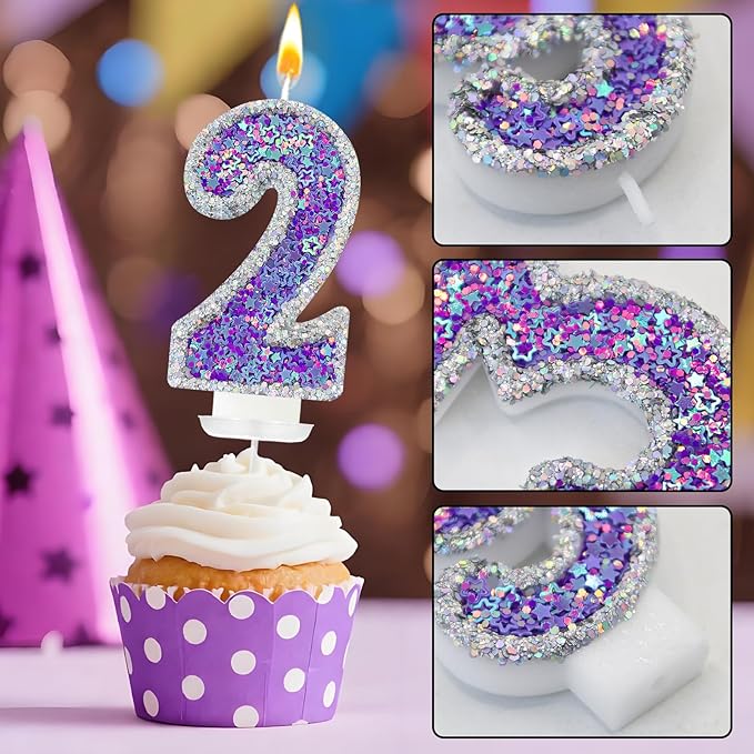 K-pop Number 2 Birthday Candle, Star Glitter Filled Number Candle, Purple Silver Fantasy Cake Topper for Birthday Party Decoration