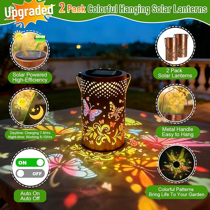 2 Pack - Colorful Butterfly Hanging Solar Lanterns Outdoor Waterproof, Decorative Metal Solar Hanging Lanterns for Porch Yard Tabletop Path Lawn and Garden Decor, Ideal Gifts for Mom Grandma Women