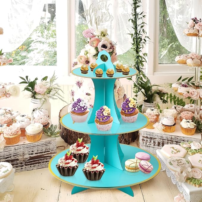 Soleebee 3-Tier Round Cupcake Stand, Cardboard Cupcake Tower, Dessert Cup Cake Stand Tower for Birthday Wedding Party Decoration, Cupcake Tier Stand 2 Set (Blue Gold)