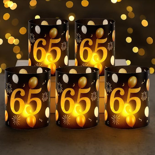 10 Sets 65th Happy Birthday Centerpieces for Table Black and Gold Birthday Decorations Lantern Boxes with Tea Lights Candles Centerpieces for Men Women 65th Party Supplies