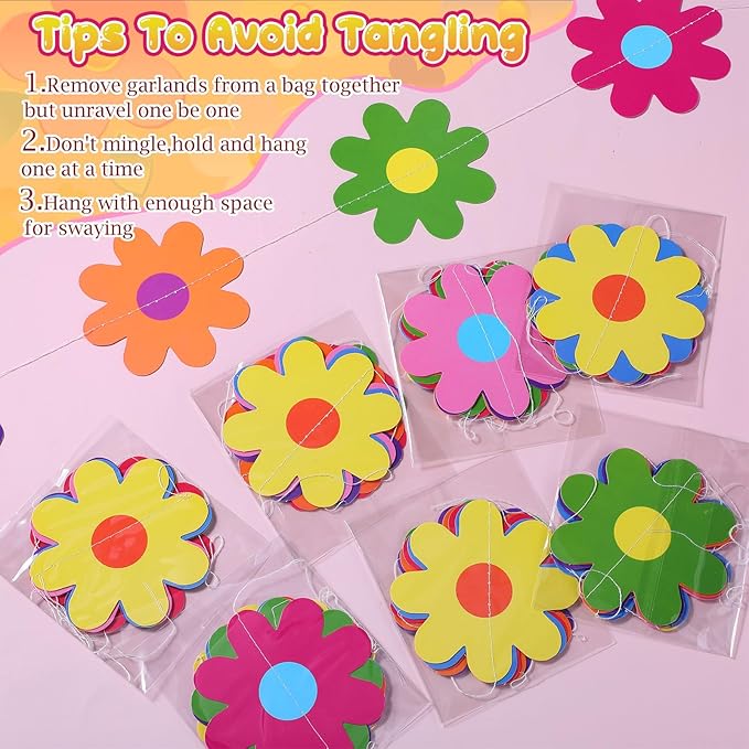 Pasimy 8 Pcs Daisy Boho Party Decorations Groovy Daisy Paper Garlands White Flower Hanging Garland Banner Hippie Flower Cutouts for Birthday Shower Wedding Party Favor Supplies(Tie Dye,Colorful)