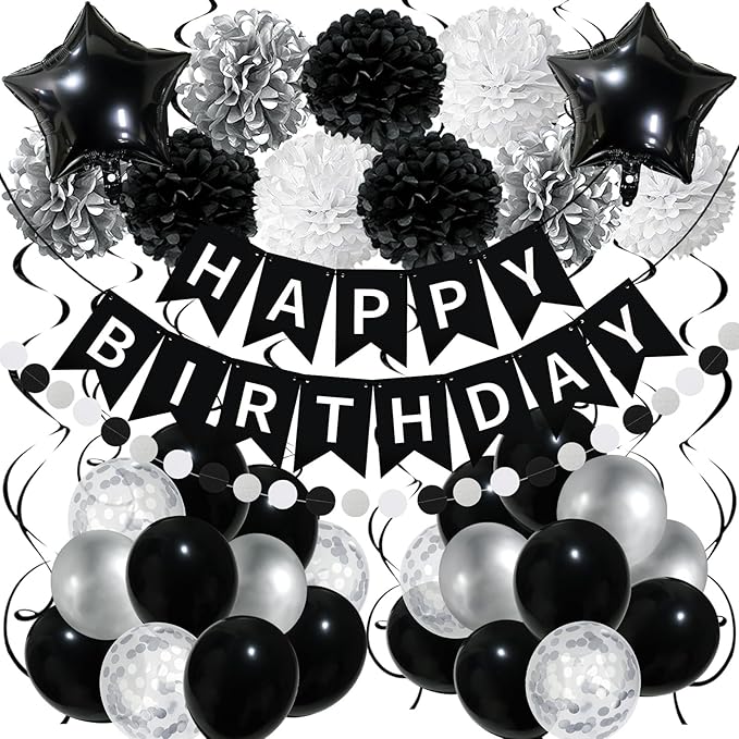 Black White Birthday Decorations, Happy Birthday Decorations with Banner Pompoms Balloon Hanging Swirls for Boys Girls Men Women Party Decorations Supplies