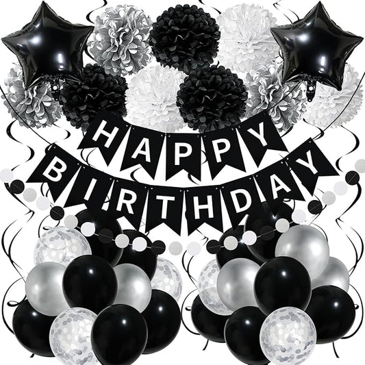 Black White Birthday Decorations, Happy Birthday Decorations with Banner Pompoms Balloon Hanging Swirls for Boys Girls Men Women Party Decorations Supplies